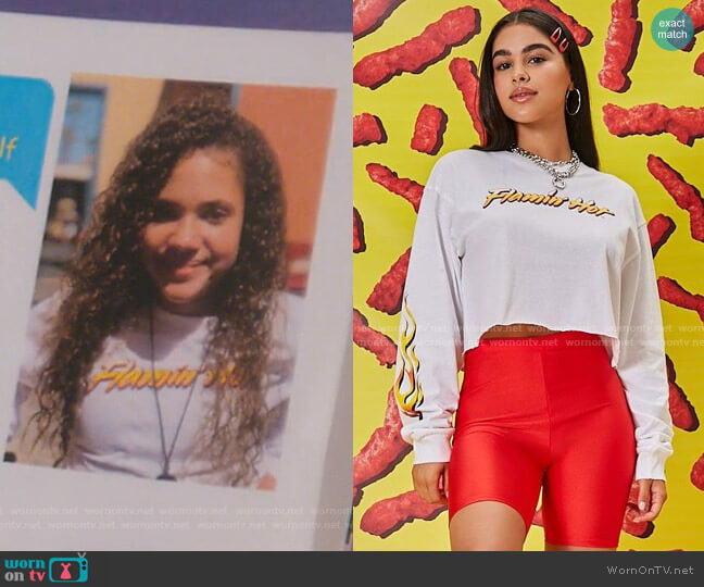 Forever 21 Flamin Hot Cheetos Graphic Tee worn by Izzy Barris (Scarlet Spencer) on BlackAF