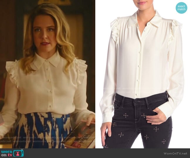 Frame Ruffle Silk Long Sleeve Blouse worn by Amanda (Helene Yorke) on Katy Keene