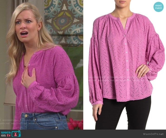Free People Maddison Eyelet Balloon Sleeve Blouse worn by Gemma (Beth Behrs) on The Neighborhood