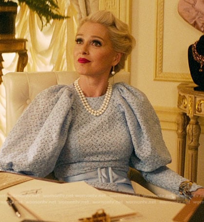 Gloria’s blue lace puff sleeve dress on Katy Keene