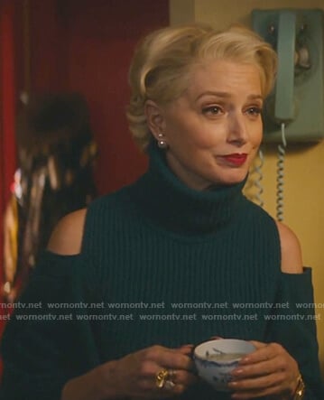 Gloria’s teal cold-shoulder turtleneck sweater on Katy Keene