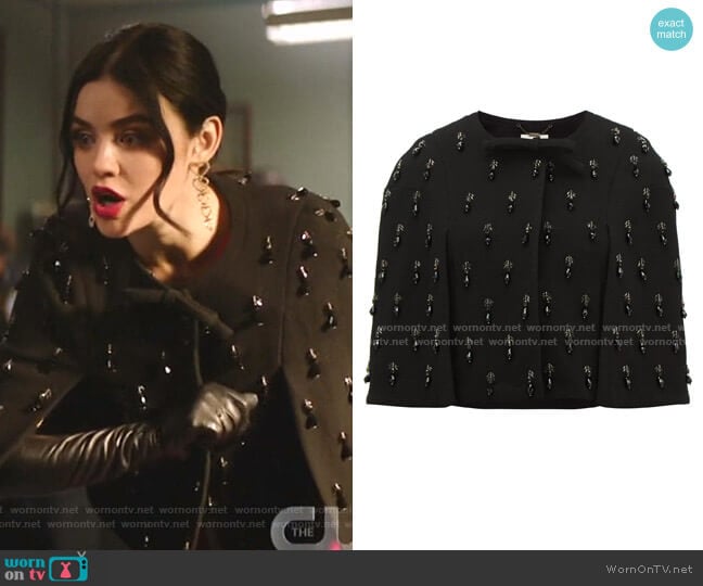 Goat Jules Beaded Drop-Embroidered Bow Wool-Crepe Cape worn by Katy Keene (Lucy Hale) on Katy Keene