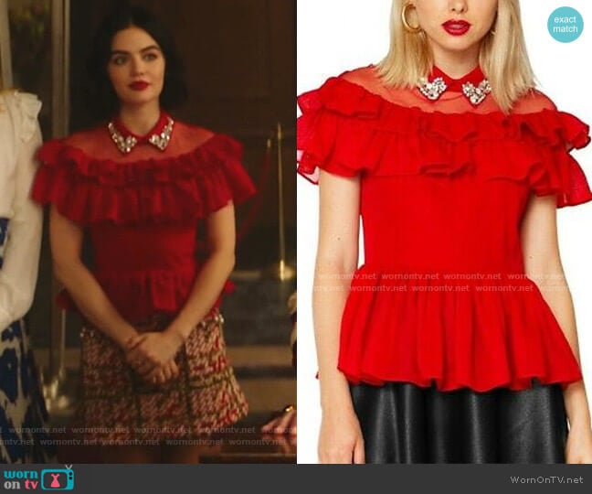 Gracia Jewel Collar Mesh Shoulder Ruffle Peplum Top worn by Katy Keene (Lucy Hale) on Katy Keene