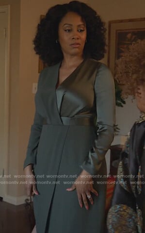 Lola’s green satin surplice dress on All Rise