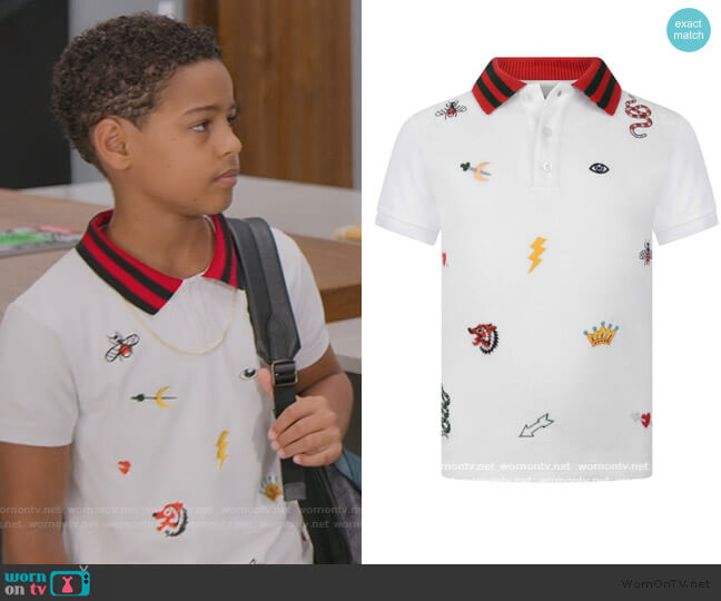 Gucci White Embroidered Polo Top worn by Pops Barris (Justin Claiborne) on BlackAF