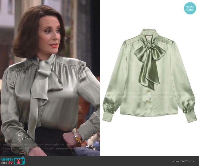 Gucci Satin Shirt with Neck Bow worn by Karen Walker (Megan Mullally) on Will and Grace