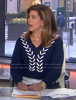 Hoda’s navy lace-up v-neck sweater on Today