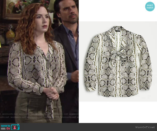 J. Crew Drapey Tie-Neck Top in Snakeskin Print worn by Mariah Copeland (Camryn Grimes) on The Young and the Restless