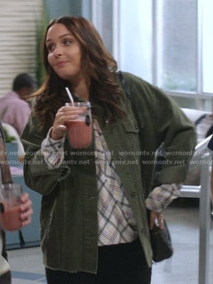 Jo’s plaid blouse and green corduroy jacket on Greys Anatomy