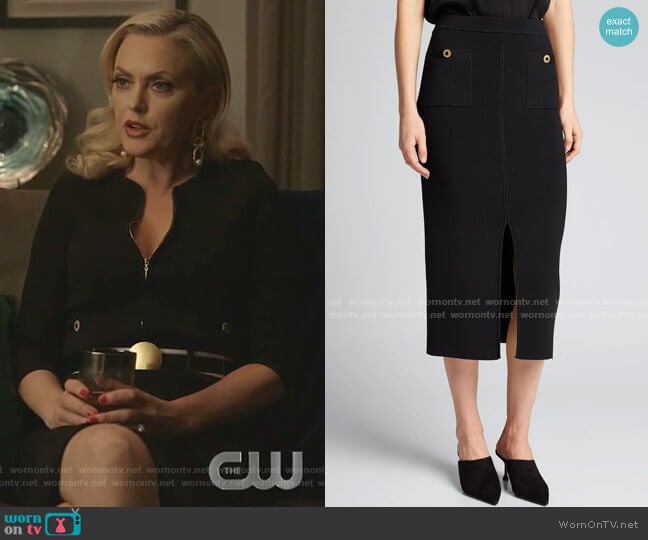 Jonathan Simkhai Rib-Knit Front-Slit Midi Skirt worn by Alexis Carrington (Elaine Hendrix) on Dynasty
