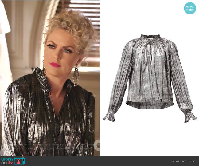 Jonathan Simkhai Ruffled High-Neck Lame Blouse worn by Alexis Carrington (Elaine Hendrix) on Dynasty