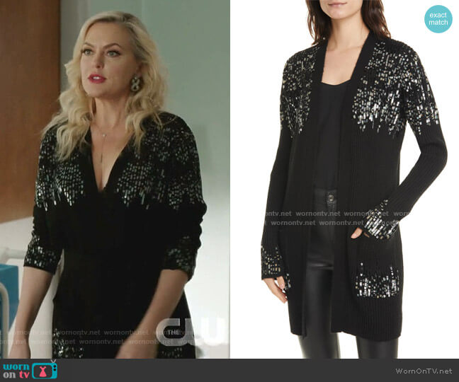 Jonathan Simkhai Sequin Rib Cardigan worn by Alexis Carrington (Elaine Hendrix) on Dynasty