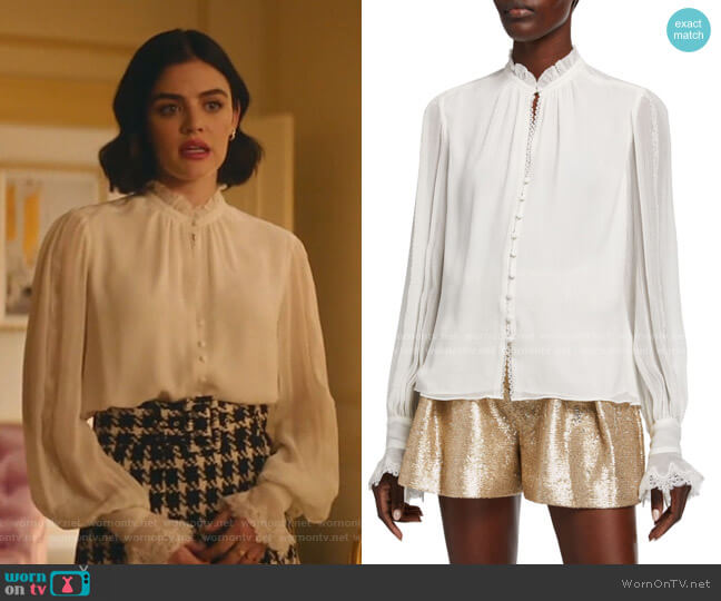 Jonathan Simkhai Striped Georgette Button-Down Blouse worn by Katy Keene (Lucy Hale) on Katy Keene