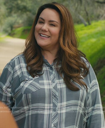 Katie’s gray plaid button down blouse on American Housewife
