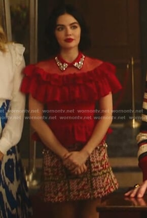 Katy’s red embellished collar ruffle top and pink plaid mini skirt on Katy Keene