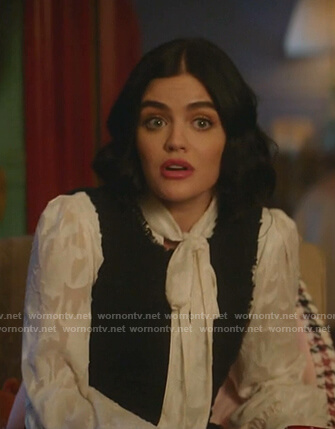 Katy’s white tie neck blouse on Katy Keene