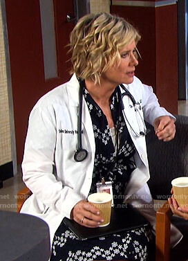 Kayla’s navy floral embroidered shirtdress on Days of our Lives