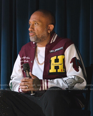Kenya’s maroon embroidered varsity jacket on BlackAF