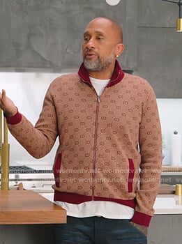 Kenya’s red and beige GG logo knit jacket on BlackAF