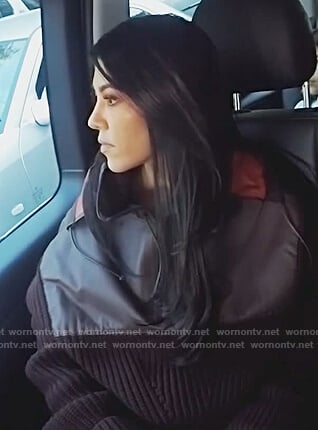 Kourtney’s burgundy leather and wool hooded sweater on Keeping Up with the Kardashians