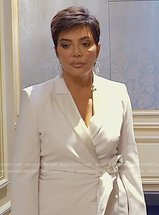 Kris’s white tie waist blazer on Keeping Up with the Kardashians
