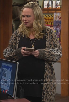 Kristin’s leopard fuzzy cardigan on Last Man Standing