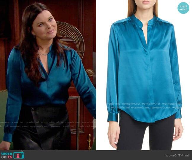 L'Agence Bianca Blouse in Cortez Blue worn by Katie Logan (Heather Tom) on The Bold and the Beautiful
