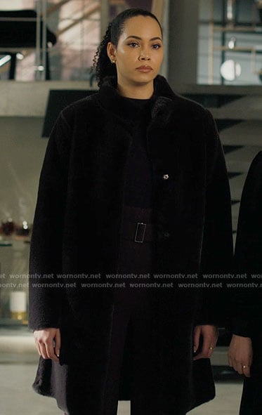 Macy’s black shearling coat on Charmed