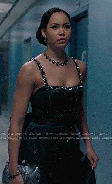 Macy’s green embellished gown with bow on Charmed