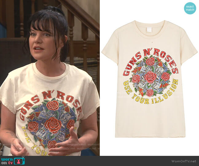 Madeworn Guns N' Roses Glitter Graphic T-Shirt worn by Jackie (Pauley Perrette) on Broke