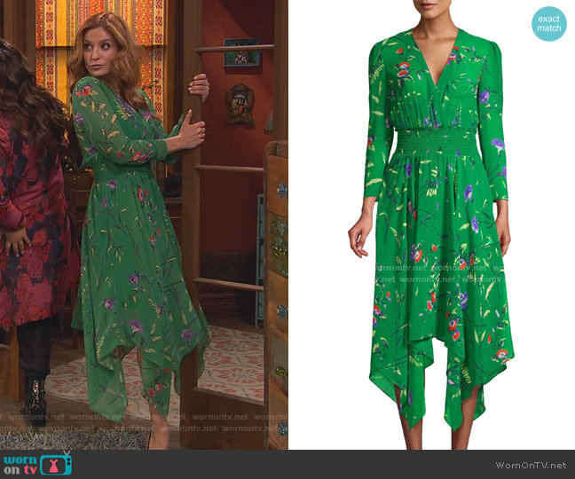 Maje Rayema Floral Handkerchief Hem Midi Dress worn by Chelsea Grayson (Anneliese van der Pol) on Ravens Home