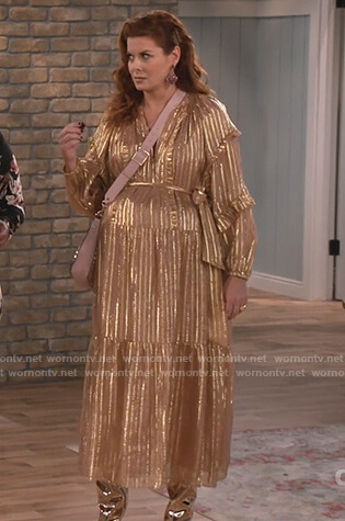 Grace’s pink metallic stripe ruffle dress on Will and Grace