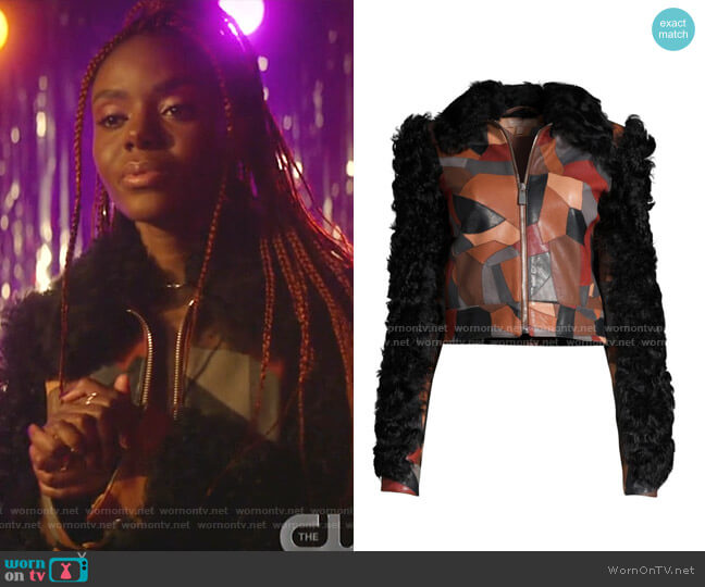 Michael Kors Collection Cropped Patchwork Leather Shearling Jacket worn by Josie McCoy (Ashleigh Murray) on Katy Keene