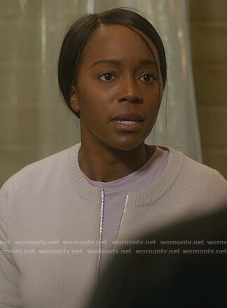 Michaela’s white zip front cardigan on How to Get Away with Murder