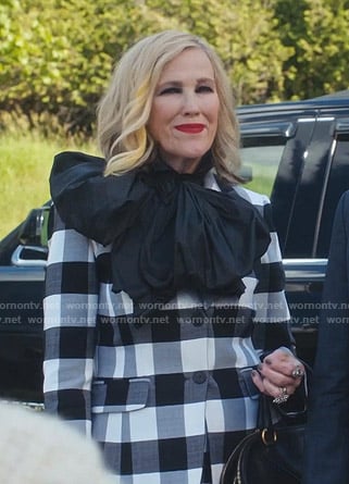 Moira’s black and white gingham check suit on Schitts Creek