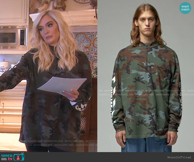 Off-White Diagonal Incompiuto Camouflage Zip Mock Neck Tee worn by Erika Jayne on The Real Housewives of Beverly Hills