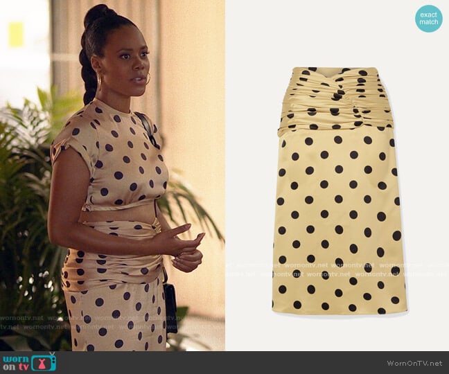 Orseund Iris Romantique ruched polka-dot satin skirt worn by Condola (Christina Elmore) on Insecure
