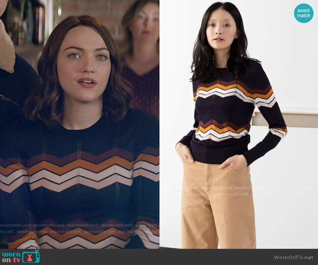 & Other Stories Zig Zag Merino Wool Sweater worn by Cara Bloom (Violett Beane) on God Friended Me