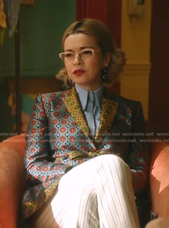 Pepper’s geometric print jacket on Katy Keene