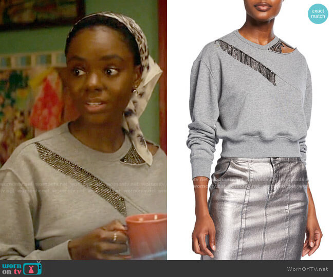 Pinko Embellished Crewneck Sweatshirt w Cutout worn by Josie McCoy (Ashleigh Murray) on Katy Keene