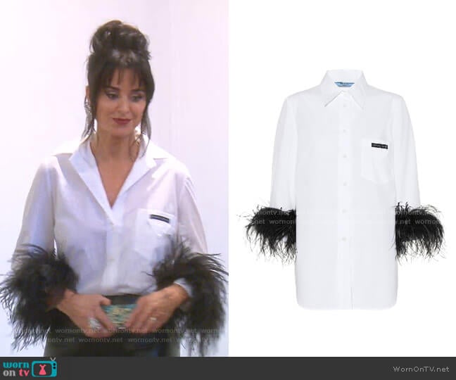 Prada Feather-Trimmed Cotton Poplin Shirt worn by Kyle Richards on The Real Housewives of Beverly Hills