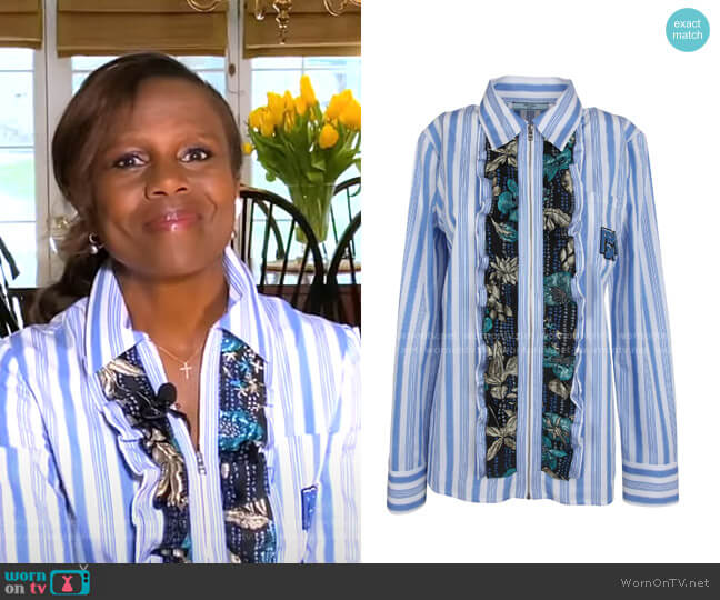 Prada Ruffle Striped Shirt worn by Deborah Roberts on Good Morning America