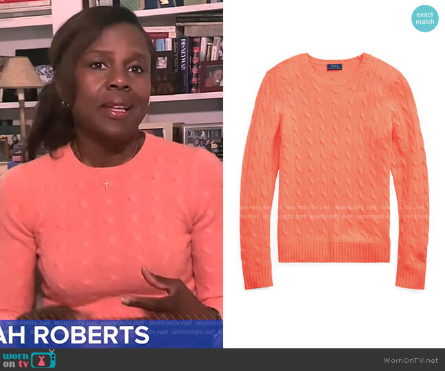 Ralph Lauren Cable Knit Cashmere Sweater worn by Deborah Roberts on Good Morning America