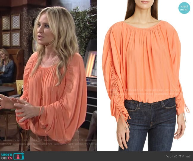 Ramy Brook Ruched Sleeve Peasant Top worn by Sharon Newman (Sharon Case) on The Young and the Restless