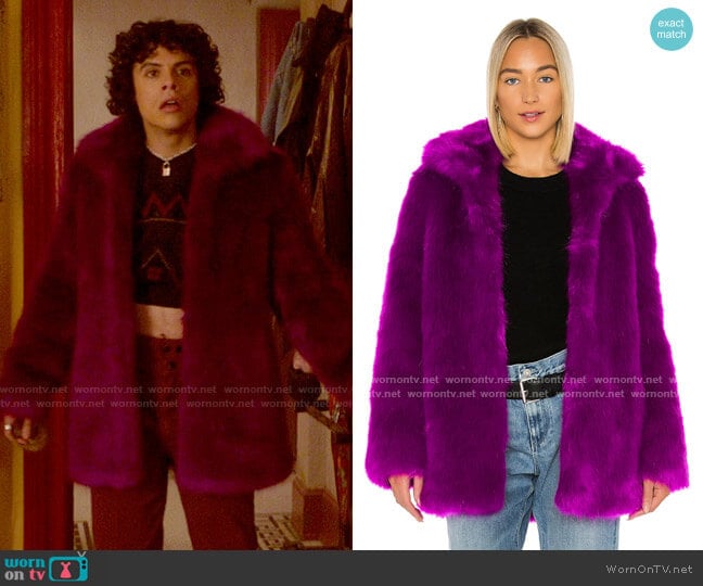 RtA Kate Faux Fur Coat worn by Jorge Lopez (Jonny Beauchamp) on Katy Keene