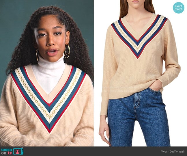 Sandro Chains V-Neck Sweater worn by Drea Barris (Iman Benson) on BlackAF