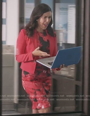 Shannon’s black and red floral sheath dress on Kims Convenience