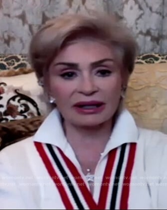 Sharon’s white stripe trim cardigan on The Talk