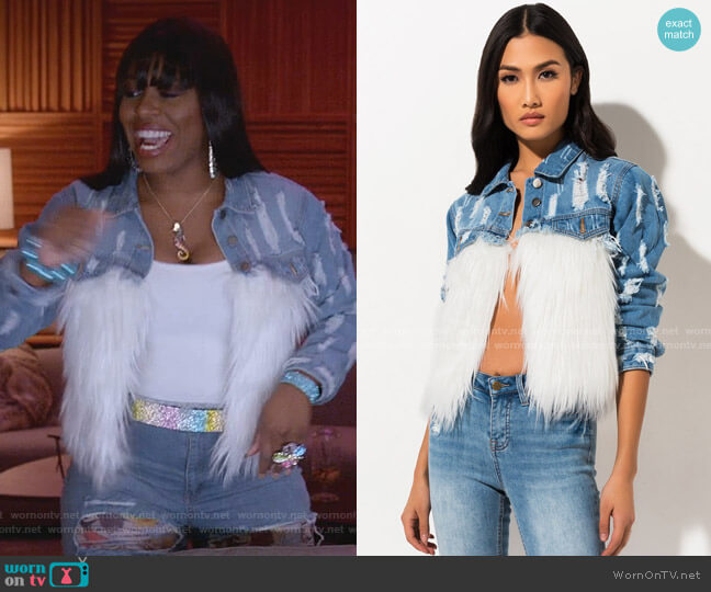 Akira Label Just Falling Furrly Denim Jacket worn by Porsha Taylor (Ta'Rhonda Jones) on Empire
