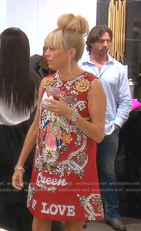 Sutton’s red Queen of Love embellished dress on The Real Housewives of Beverly Hills